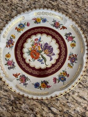 Ornate Floral Porcelain Serving Platter in Burgundy and Gold Trim